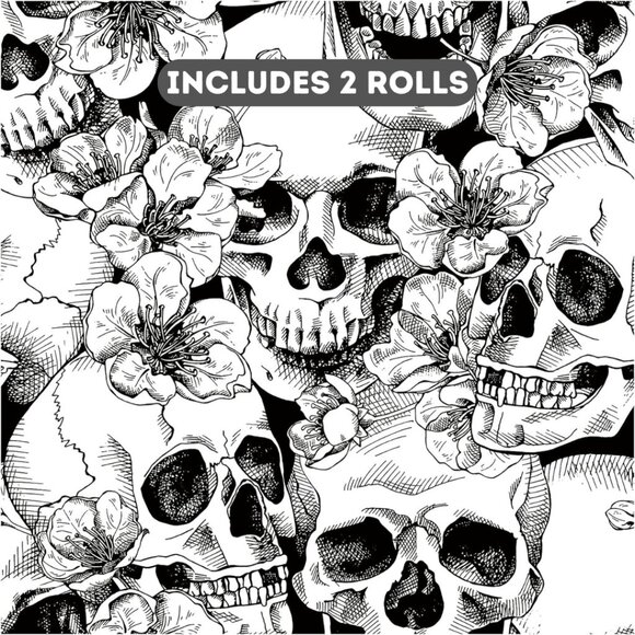 2 Rolls Black and White Sugar Skull Floral Wallpaper 17.7IN x 9.8FT - Picture 1 of 7